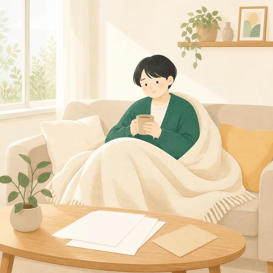 自宅で毛布にくるまって休むAさん。テーブルに書類