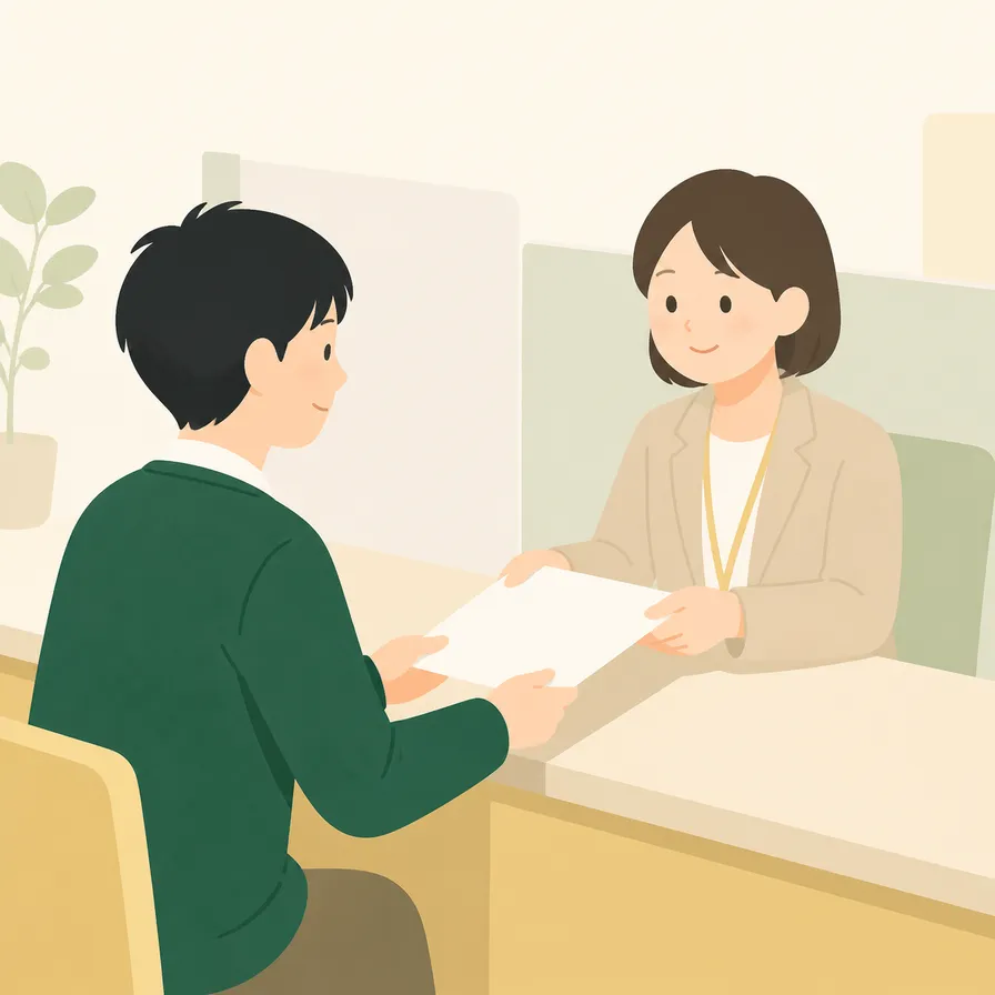 ハローワークの窓口で書類を出すAさん